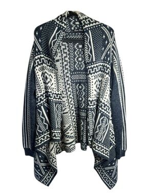 Lan Ting Open-Front Patterned Navy Cream Cardigan Waterfall Wool-blend Sweater L